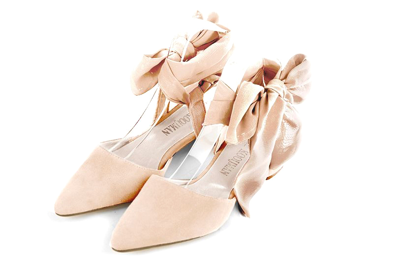 Dress closed-toe heels ankle scarf in powder pink leather with low flare heels and tapered toe - Front view